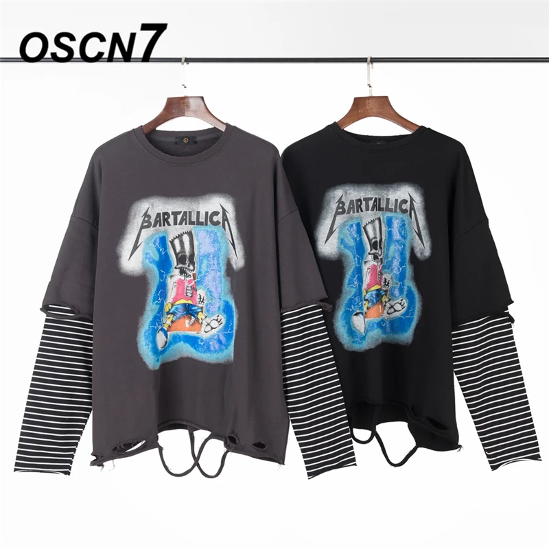 

OSCN7 High Street Print Fake Two Pieces Men's T-Shirts 2019 Long Sleeve Tshirts Hip Hop Casual Women Top Tee Streetwear 2516