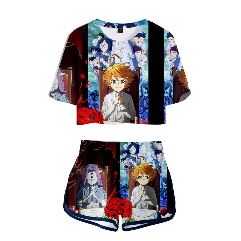 La Promessa Neverland 3D Printed Womens Two Piece Set Fashion Summer Manica Corta Crop Top + Shorts Streetwear Girls Tshirt