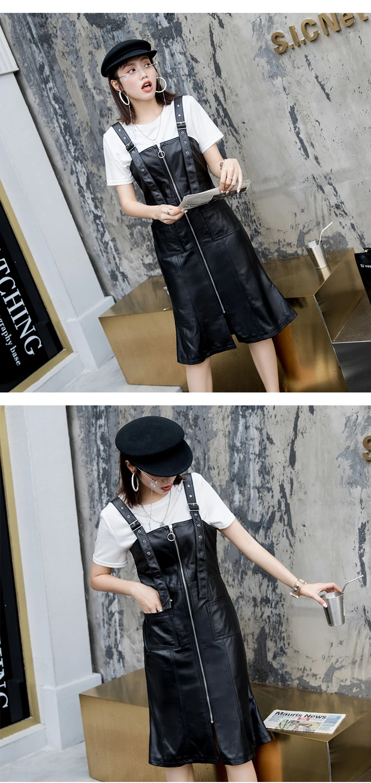 Genuine Leather Dress Elegant Slit Hem Zip Front Strap Sleevelss Long Dress Women Autumn Vintage Solid Slim Mid Calf Dresses