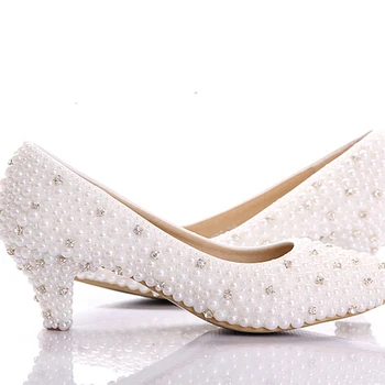 

2020 Best white pearl Low heels shoes Custom make small heel bridal wedding shoes Celebrity Party Prom Dancing Shoes large size
