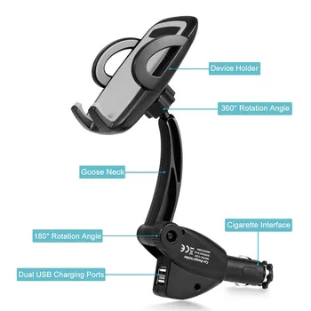 

3-in-1 Car Mount Cigarette Lighter Rotatable Phone Holder with Dual USB Ports NJ88