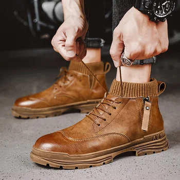 

New British Style Men Boots Fashion Ankle Boots Split Leather Lace Up Antiskid Outdoor Shoes Side Zipper Sock Shoes Jeans Boots