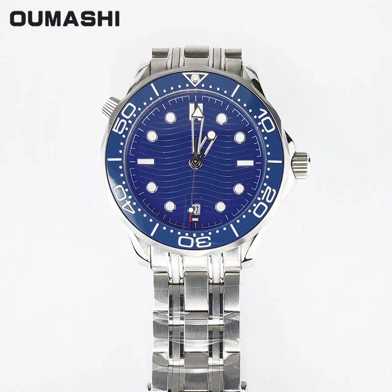 Автоматические механические часы для мужчин с керамическим ободком Дата 43 мм Джеймс Бонд 007 водонепроницаемый светящийся браслет из нержавеющей стали синий Oumashi