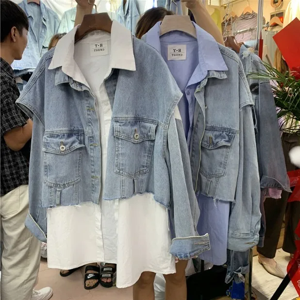 

New Spring and Autumn Women Shirt Stitching Denim Jacket Loose Short Jeans Vest Coat + Medium Long Blouse Two-piece Set