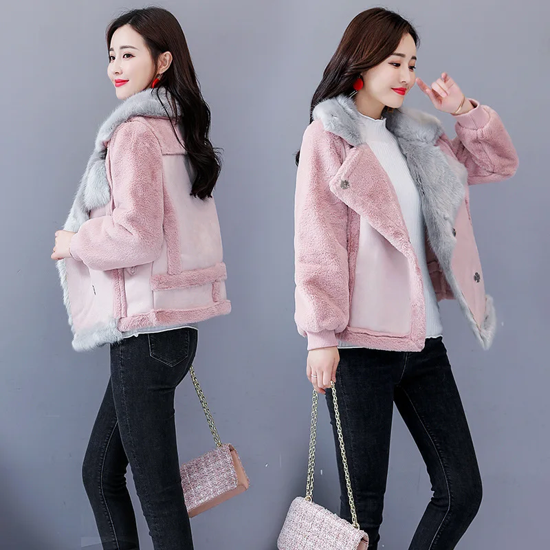 

2018 Winter New Style Cotton-padded Clothes Short Jacket Women's Short Korean-style Suede Fur Lambs Wool Thick Leather Coat