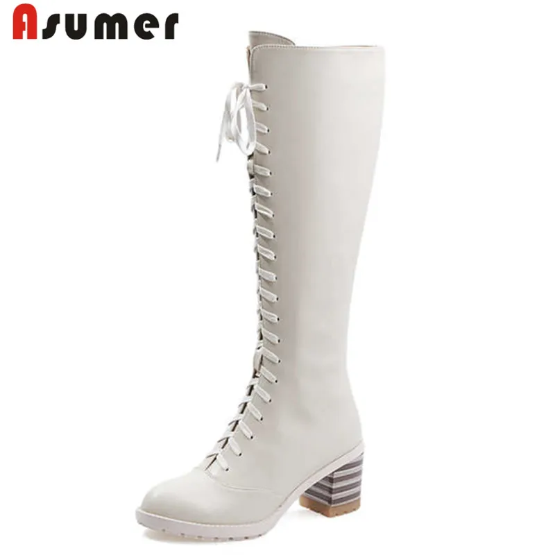 ASUMER/размер 34-40, модные сапоги до колена сапоги из натуральной кожи с круглым носком на молнии обувь на толстом высоком каблуке женские сапоги с перекрестной шнуровкой