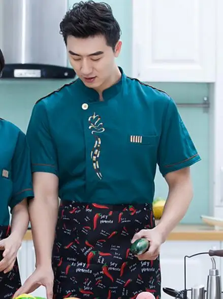 Green short Новая мода Отель Ресторан кухня шеф-повара костюм для мужчин и женщин повара Униформа пальто куртка с длинным рукавом белый черный кофе - Цвет: Green short