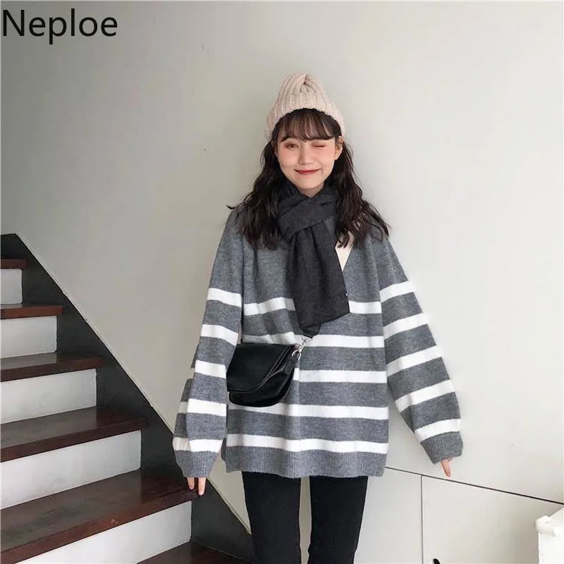 Neploe осень зима Harajuku стиль полосатый вязаный свитер женский свободный простой средней длины пуловер для женщин низ Топ 46656