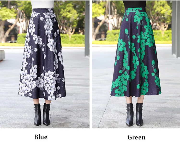 Высокая эластичная талия зимние юбки для женщин Модные Зеленые Синие Цветочные Длинные зимние шерстяные юбки карманы макси юбка плюс размер