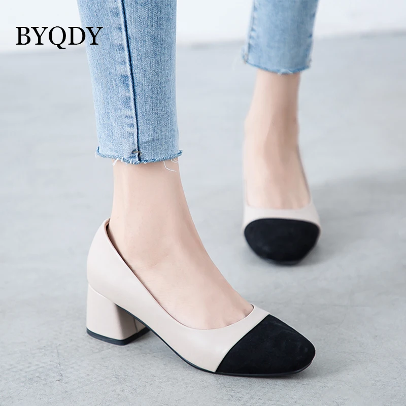 BYQDY Luxuy Brand Large Size Square Toe Black Chunky Heels Casual Pumps Women Shoes Slip On Shallow Shoes Lady Pumps Size 43