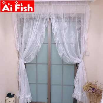 

Korean White Lace Tulle For Grils Bedroom with Retro Lotus Leaf Princess Curtains Sheer Finished Weeding Decor Drapes M190#30
