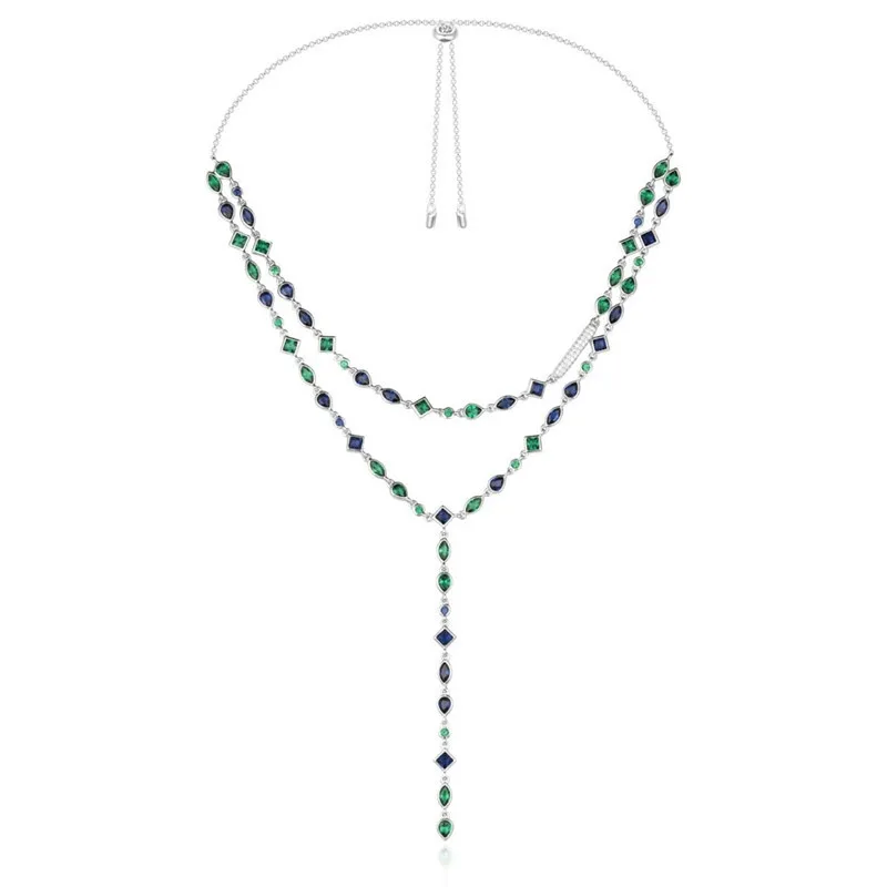 Luxury double layer waterdrop semi precious Necklace colored rhombus gem stones 925 sterling silver Monaco tassel | Украшения и