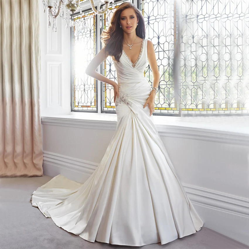 

Gorgeous Pleat Satin Mermaid Wedding Dresses 2016 vestido de noiva Spaghetti Backless Wedding Bridal Gowns Court Train