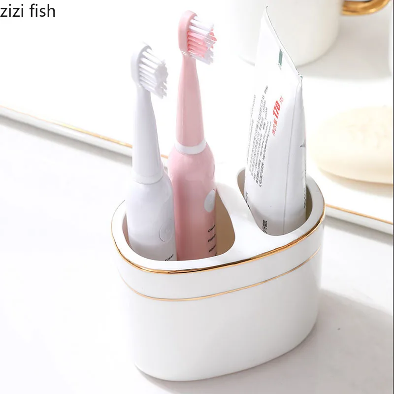 Golden Stripes Bathroom Decoration Accessories White Ceramic Toothbrush Holder Portable Soap Dispenser Mouth Mug Bath Supplies