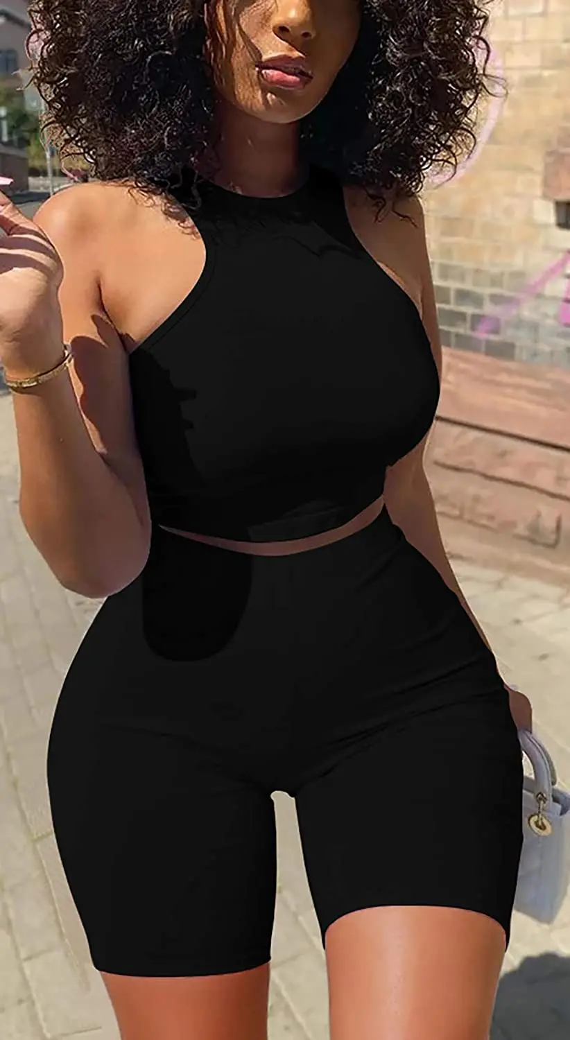 

Women Solid Color Yoga Running Sets Summer Skinny Two-Pieces Sportswear Streetwear Sleeveless Halter Crop Tops+Shorts Female Set