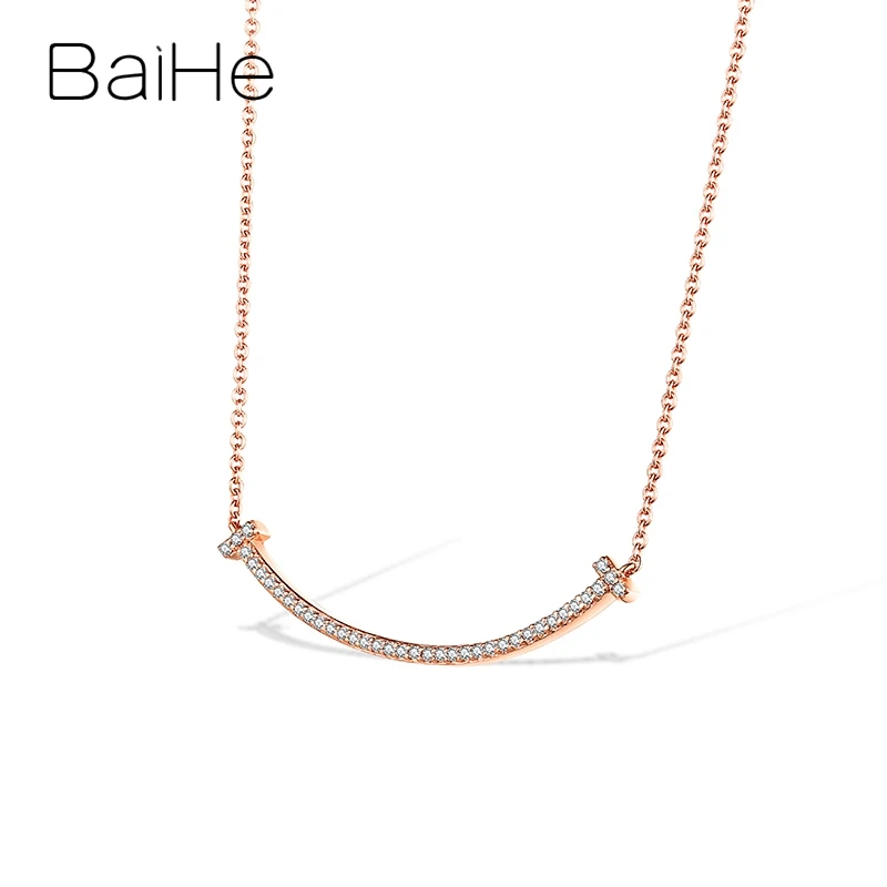 BAIHE Твердые 18 К розовое золото всего 0.35ct сертифицированные H/SI круглые натуральные бриллианты Ювелирные изделия Свадебная улыбка подарок ожерелья