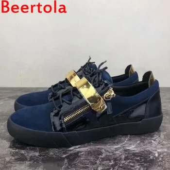 

New Flock Patchwork Men's Sneakers Round Toe Zip Lace Up Men Casual Flats Shoes Metal Fashion Leisure Style Chaussures Male Shoe