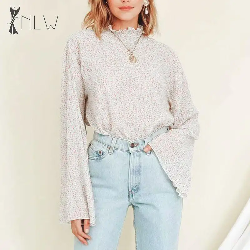 NLW водолазка шифоновая Осенняя блузка винтажный цветочный принт Boho блузка Рубашки Мода шикарная свободная сетка Blusa женская одежда