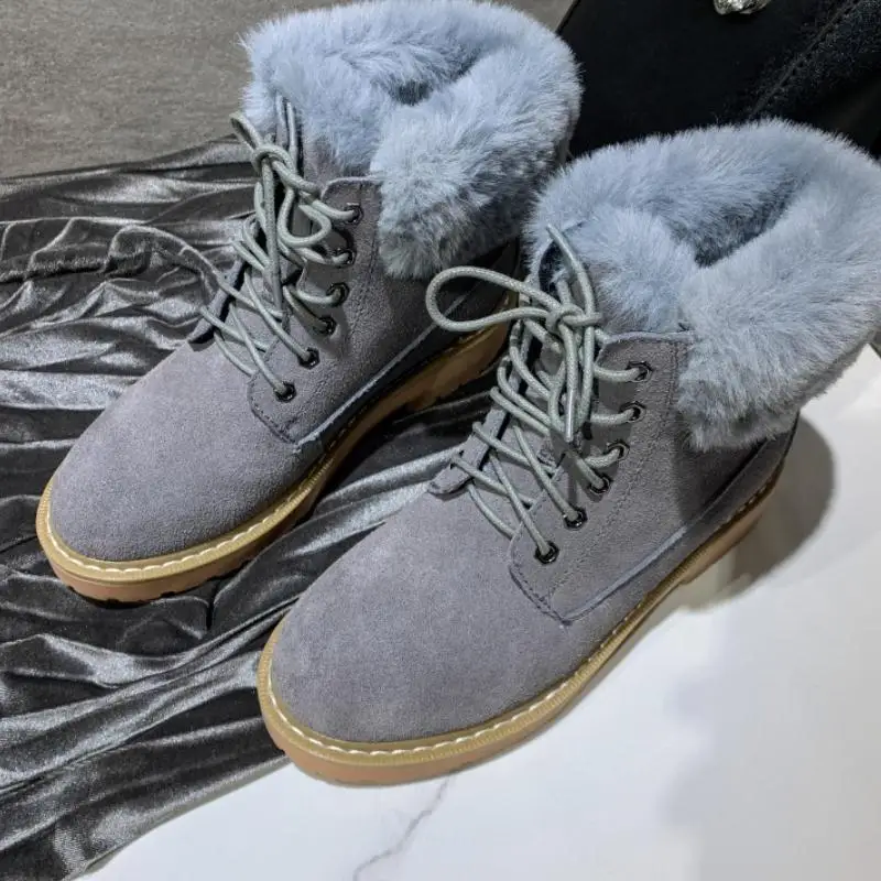 RIZABINA Women Ankle Boots Real Leather Lace Up Winter Keep Warm Plush Fur Flats Shoes Women Casual Snow Boots Size 34-39