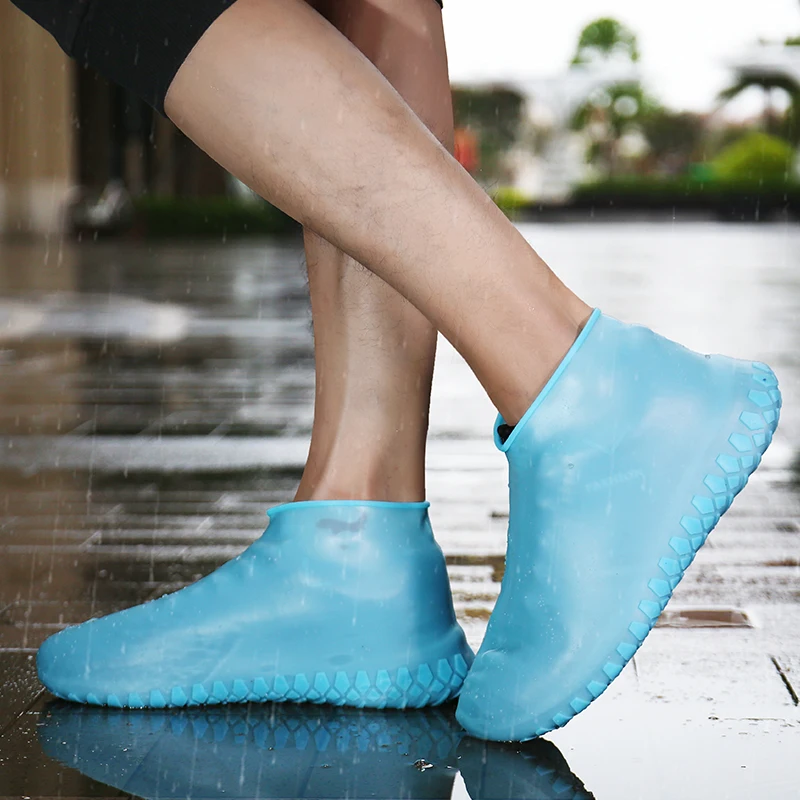 Синий Thicken Shoes Cover Rain Waterproof Rainy Day Unisex Anti-slip Reusable Latex Shoe Covers Rain Boots Overshoes Prot Size 30-47 - Цвет: Синий