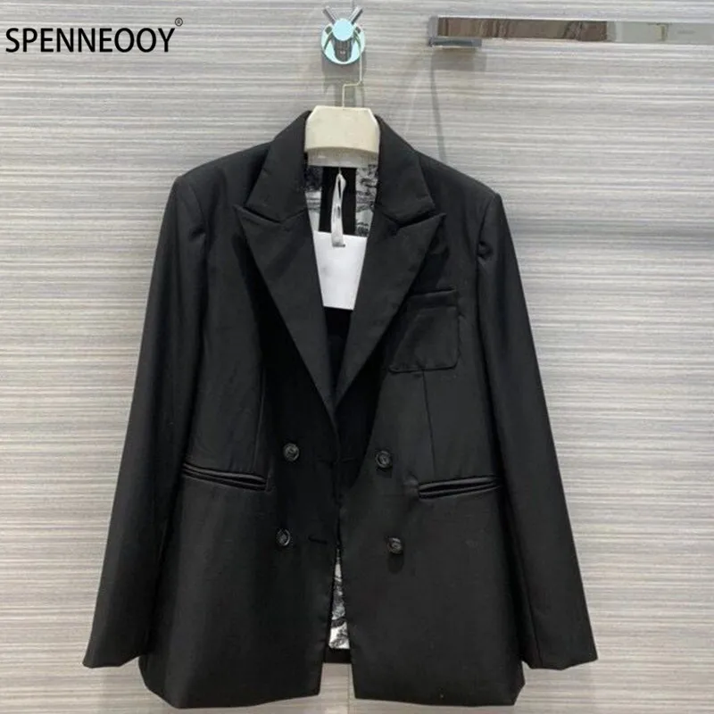 SPENNEOOY Designer Brand Autumn Forest Animal Lining Print Double breasted Fashion Office Lady Black Blazer Outwear Women Coat