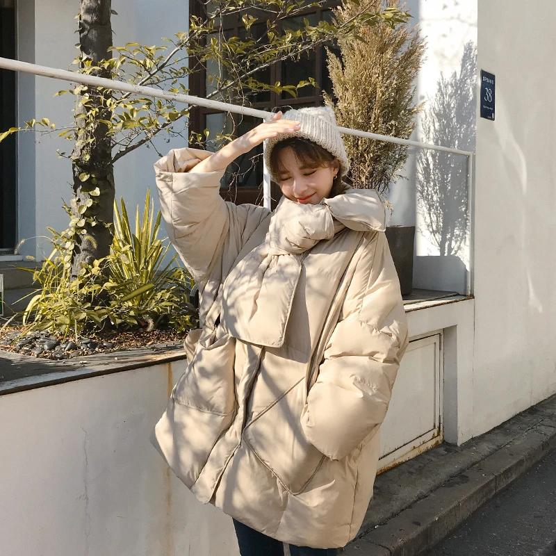 

Quilted jacket Detachable scarf collar streetwear Loose casual warm Winter coat Big pocket women clothes oversize plus size