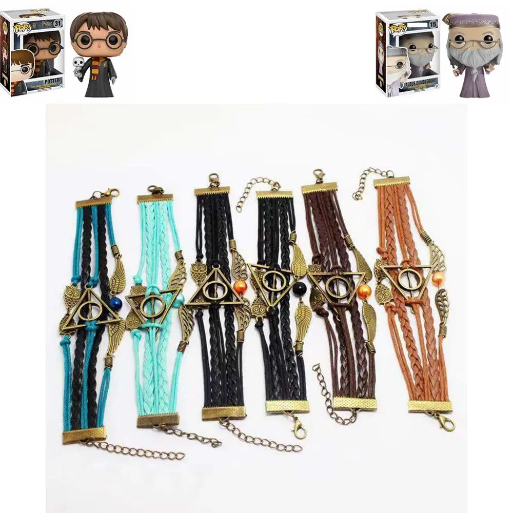 

harri Potter Death Hallows Action Figure Retro Leather Cord Bracelet death snitch Wings owl Triangle Multilayer Bracelet