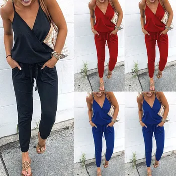 

Womens Fashion Ladies V-Neck Sleeveless Casual Straight Leg Plain Lace Up Jumpsuit Romper S-XL