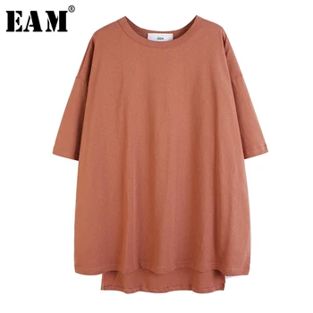 

[EAM] Women Multicolor Orange Brief Big Size T-shirt New Round Neck Half Sleeve Fashion Tide Spring Summer 2020 1T591