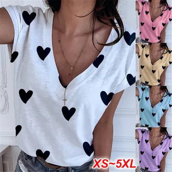 

4XL 5XL Big Size Short Sleeve V-Neck Women Heart T Shirt Casual Loose Plus Size Tops 2020 New Summer Tee Shirt For Women Clothes