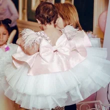 Розовые платья для маленьких девочек на день рождения с рукавами-крылышками; платья для маленьких девочек; розовое платье Большие банты на спине; элегантные платья на заказ