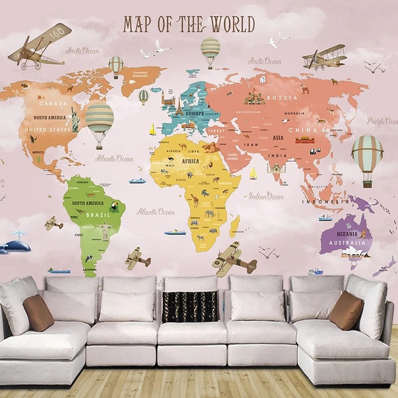 Papel de Parede Infantil com Desenho 3d Fundo de Parede para Casa e Avião com Mapa do Mundo Rosa