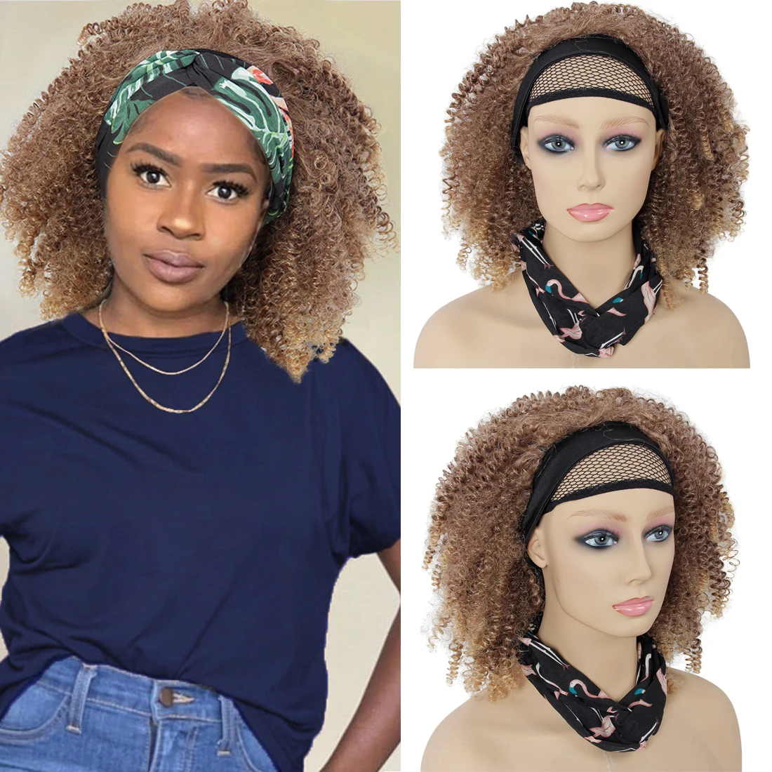 Rizado peluca con diadema para las mujeres negras rizado pelucas delanteras sintético Pelo Rizado Afro máquina peluca con diadema