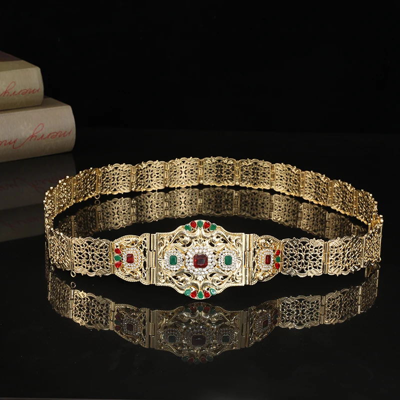 Moroccan Style Metal Belt Colorful Rhinestone Inlay With Vintage Folk Wedding Decoration Waist Chain Body Jewelry