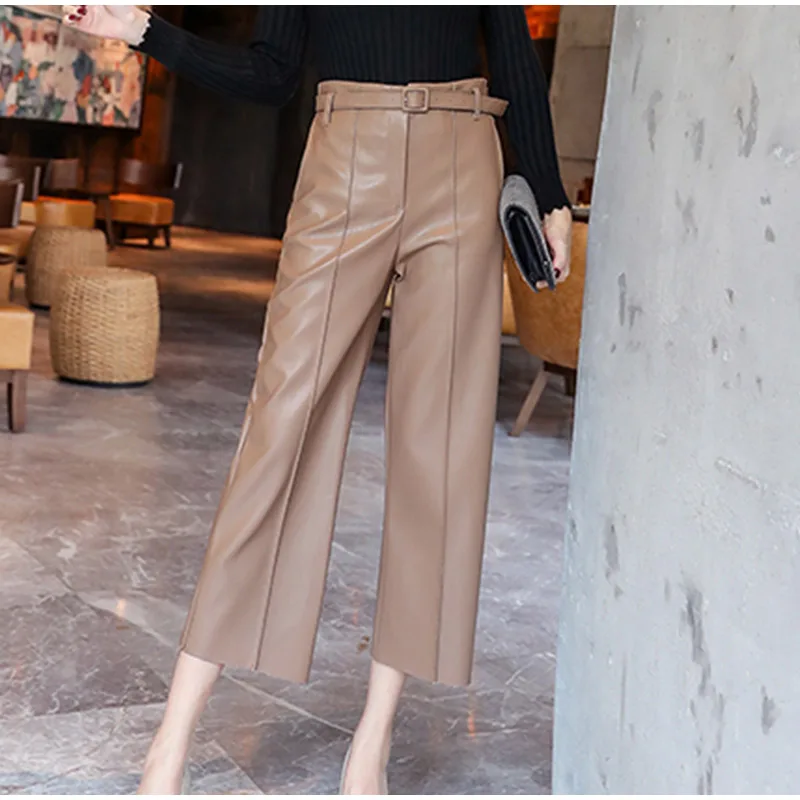 Autumn Faux PU Leather Pants Women With Belt High Waisted Wide Leg Anke-length Women's Trousers Winter NEW Fashion Clothes