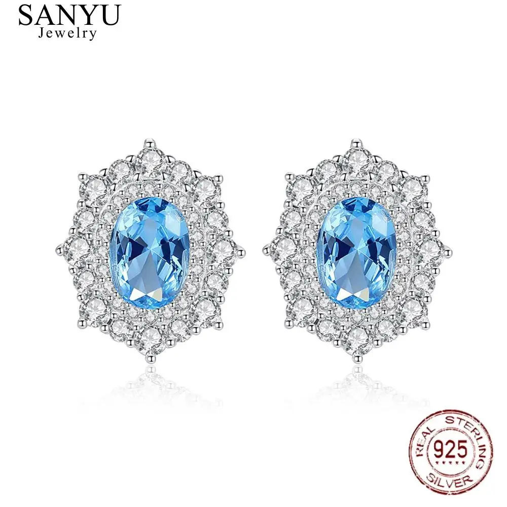 

SANYU Elegant Blue Topaz Oval Design Stud Earrings Solid Sterling 925 Sterling Silver Earrings For Women Fine Jewelry Brincos