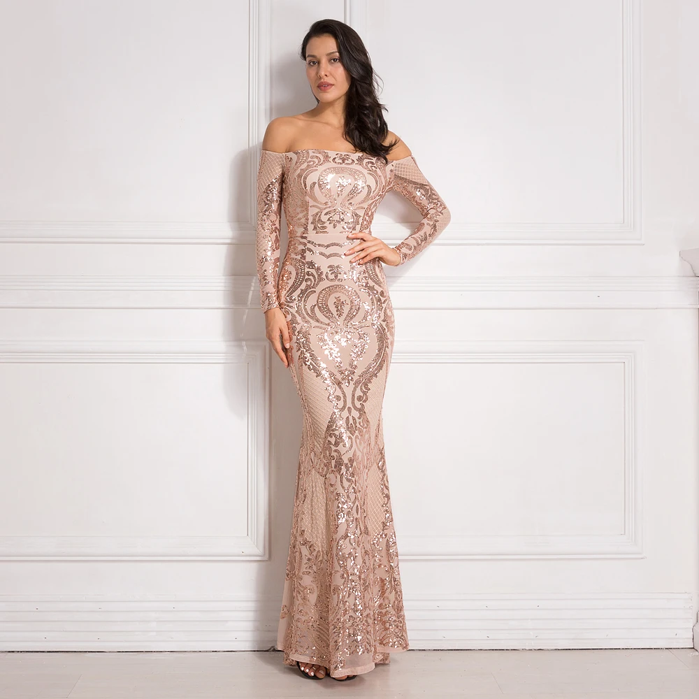 

Slash Neck Gold Sequined Maxi Dress Floor Length Evening Party Dress Stretchy Long Dress Autumn Winter 2019