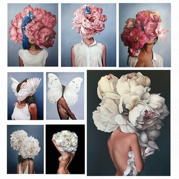 

Modern Figure Lady Head Flower Feather Picture Man Wings Home Decor Nordic Canvas Painting Wall Art Posters and Prints Decor