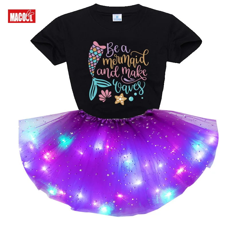 

Girls Tutu Set Outfits Skirt Dress Summer Clothing Children Clothes Suit Toddler Baby Led Light School Outfit Costumes for Kids