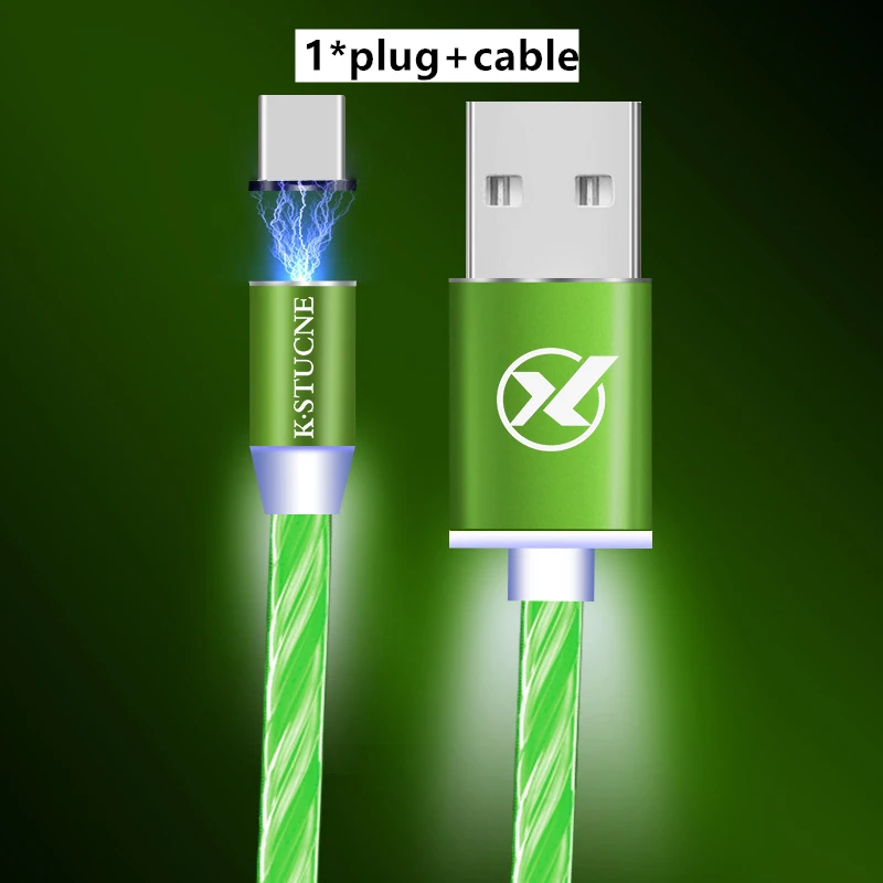 Green Cable and plug Магнитный течет светодиодный светящееся зарядное устройство свет зарядка через usb кабель для iPhone X XR 8 7 6 Micro кабель и USB для samsung huawei Тип C кабель - Тип штекера: Green Cable and plug