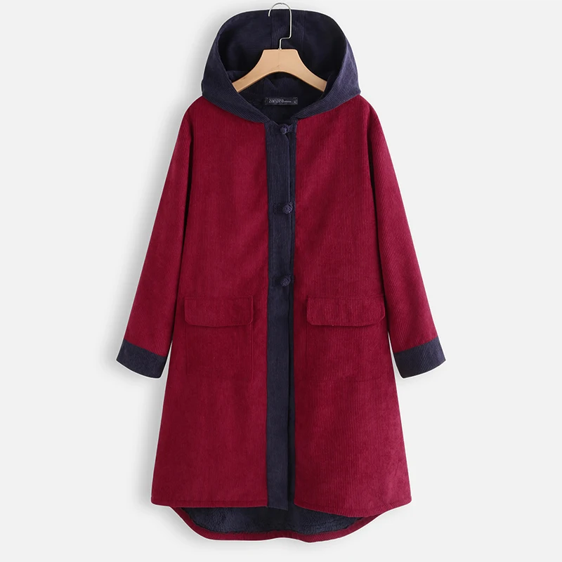 Зимняя Флисовая теплая верхняя одежда ZANZEA женские толстовки с длинным рукавом винтажные вельветовые пальто с капюшоном Pacthwork Длинные куртки женские топы - Цвет: Красный