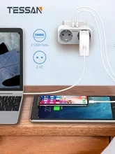 

TESSAN 4-in-1 EU Power Strip Socket with 2 AC Outlets + 2 USB Charger Adapter Overload Protection Socket EU plug Portable Travel