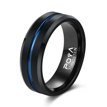 

POYA Tungsten Rings Black 8mm Blue Thin Line Wedding Band Beveled Edges Comfort Fit