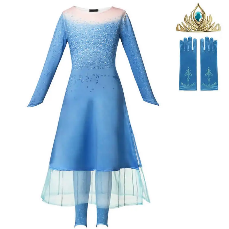 Новое платье Эльзы для девочек зимние костюмы, светильник, комплект из 3 предметов одежда с принтом снежинки фатиновые платья с длинными рукавами и открытой спиной - Цвет: Dress C Sets 1