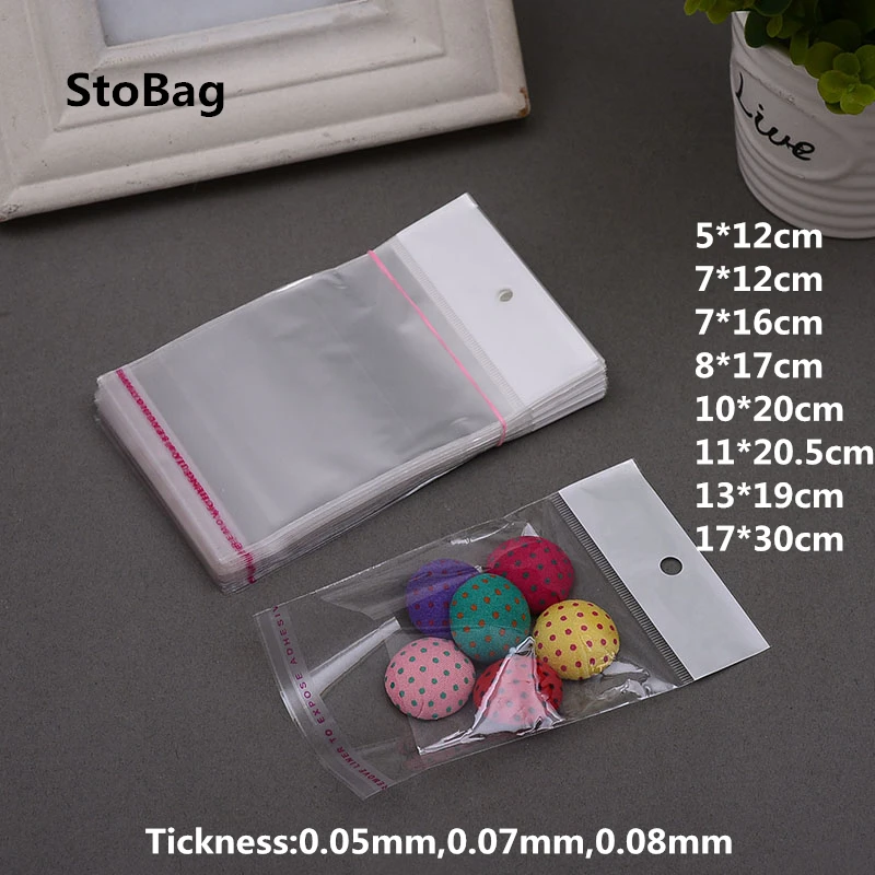 StoBag 100 шт. прозрачные самоклеящиеся пакеты с отверстием для подвешивания пластиковые OPP подарочная упаковка