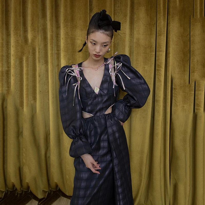 [EAM] Women Pattern Printed Hollow Out Long Dress
