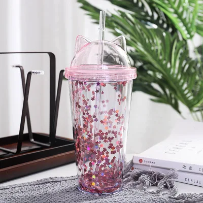 Розовый Расшитая блестками BPA бутылка для воды с соломинкой пластиковая вспышка кошачьими ушками Двойная Стенка бутылка для питья кофе сока чашка - Цвет: Розовый