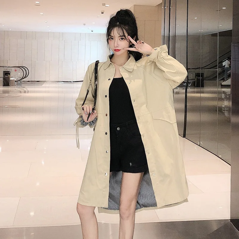 

Hong Kong Style Fashion Korean-style Versatile Early Autumn New Style Single Breasted Bell Sleeve Mid-length Trench Coat Tops Wo