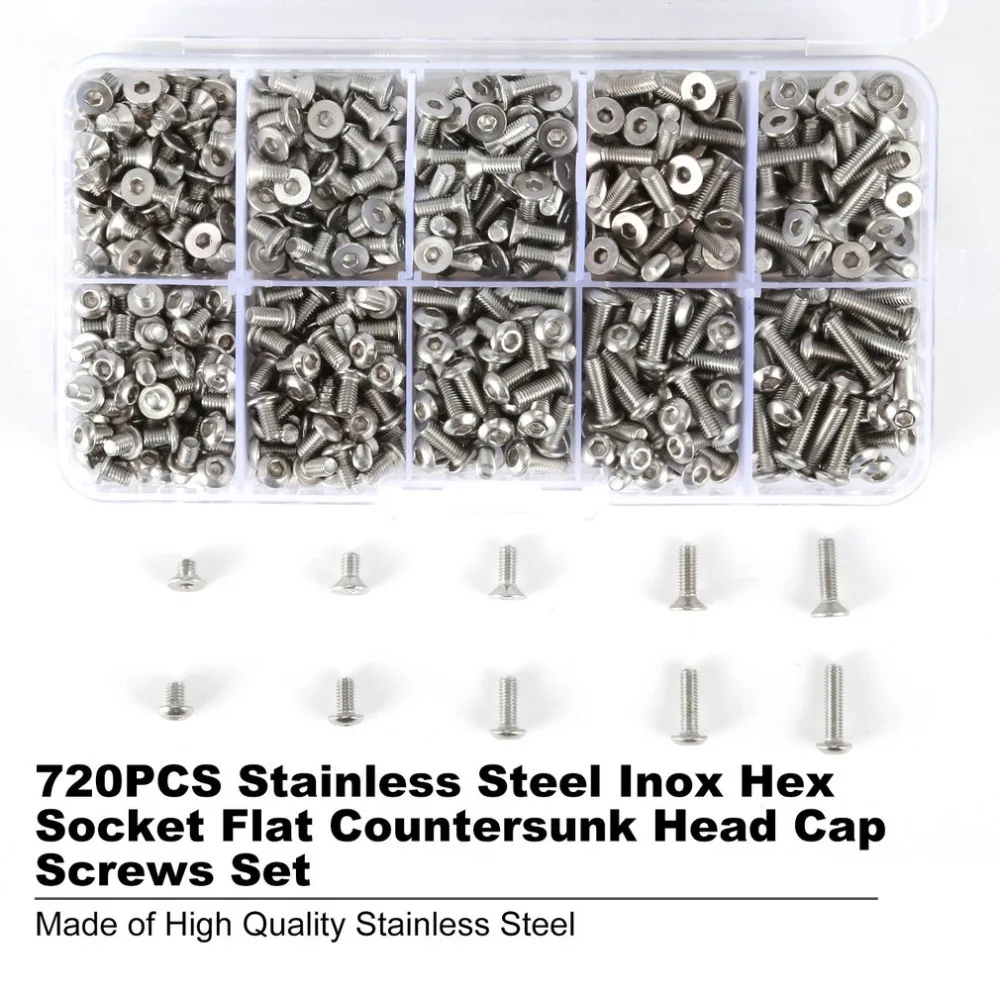 

720PCS Stainless Steel Inox Hex Socket Flat Countersunk Head Cap Allen Key Head Screws Set Assortment Kit M3*4/6/8/10/12mm