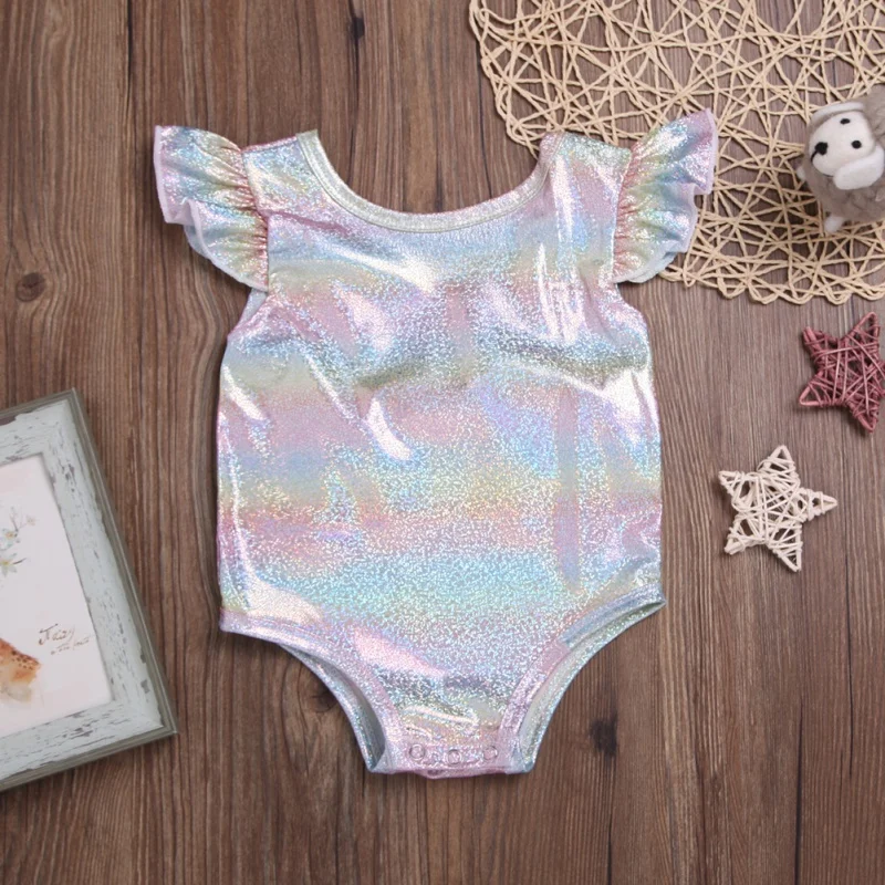

Baby Shining Jumpsuits Baby Girl Flare Sleeve Bowknot Rompers Toddler Kids Rainbow Color Rompers